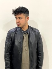 Men's Genuine Leather Jacket Black Quilted Shoulder Casual Zip Up Coat picture