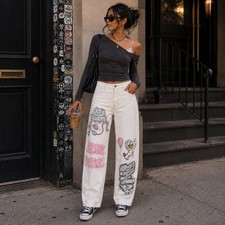 Bershka 90s Wide Leg Graffiti Graphic Jeans Off White 100% Cotton SZ 30x30 picture
