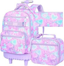 3PCS Kids Backpack with Wheels for Girls, Women Tie Dye Love Purple Rolling Back picture