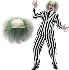 Men`s Beetlejuice Costume & Wig Adult Striped Mad Man Suit Horror Film Halloween picture