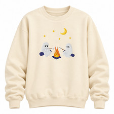 Cute Ghost Campfire Halloween Sweatshirt, Spooky Camping Embroidered Crewneck picture