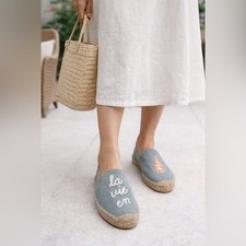 Soludos La Vie En Rosé Embroidered Espadrille Flats Blue Canvas Slip-On Shoes picture