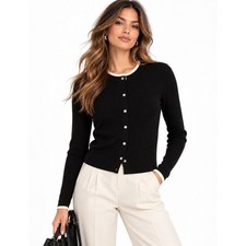 Lucy Paris LS Tipped Cardigan Black Cream Ribbed Knit Button Front Sweater S NWT picture