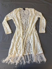 Questions Ivory Floral Lace Fringe Duster Cardigan Size M | Boho Festival picture