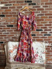 1970s Women’s Patchwork Print Maxi Dress with Tie Waist and Ruffle Hem picture