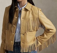 Women's Vintage Lambskin Leather Jacket 100% Real Beige Latest Fringe Jacket picture