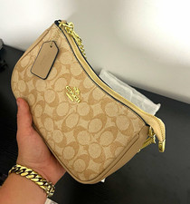Coach Signature Logo Zip Shoulder Bag Beige/Tan w/ Detachable Strap Dust Bag picture
