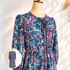 VTG 80s MURAKI Abstract Print Midi Dress Long Sleeve Cupro Lined Womens S M picture