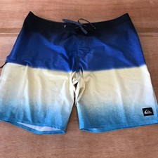 Quicksilver Board Swim Shorts Men 38 Blue White Striped Tie Waist Zip Pocket picture