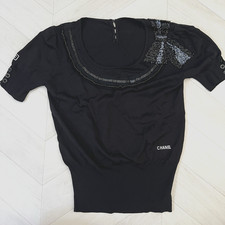 CHANEL IDENTIFICATION Vintage Black Knit Beaded Bow Sweater Top CC Patch Italy picture