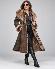 REAL 100% Sheepskin Shearling Leather Toscana Long Coat Hood DAKOTA BROWN XS-7XL picture