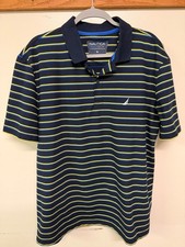 Nautica Navtech Men's XL Polo Shirt Navy Blue Yellow Striped picture