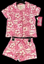 NWT Girls Barbie Pajamas Sleep Set Button Shirt Shorts Pink Flower XS4/5 S6 M7/8 picture