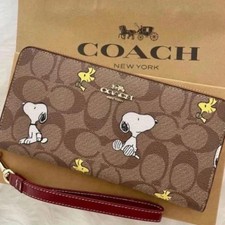 COACH x PEANUTS Long Zip around Wallet Snoopy Woodstock Khaki Signature CE705 picture
