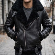 Men’s Black Genuine Leather Aviator Jacket Fur Collar Belted Biker Winter Coat picture