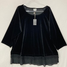 New Ava James Velvet Tunic 2X Black Lace Trim Sheer Layered Hem 3/4 Sleeve picture