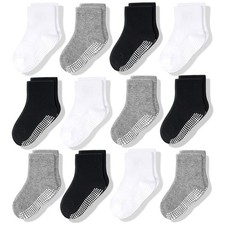 Non-Slip Crew Grip Socks Black/White/gray - 12 pairs, 1-3 Years Old, Unisex picture