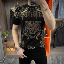 New Men Luxury Diamond Tiger Rhinestones Fashion Black T-Shirt High Quality picture