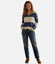 LOVESTITCH Big Stripe Loose Knit Asymmetric V Neck Sweater Top Beige Blue M NWT picture