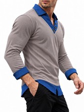 Autumn new men's V-neck button fake two-piece lapel long sleeved shirt picture