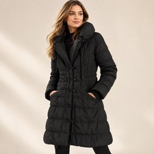 Elie Tahari Womens Ruched Puffer Coat S Black Quilted Knee Length Parka Winter picture