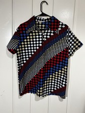 Vintage 70s 80s Mod Checkered Geometric Disco Polo Shirt Red Blue Mens L XL picture