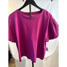 Falls Creek Womens Magenta Pink Slub Knit Top Gauze Puff Sleeve Crew Neck Large picture