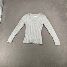Hollister Womens Gray Cable Knit V-Neck Sweater Y2K Long Sleeve Logo Small picture