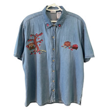 VTG Bobbie Brooks DENIM BUTTON-UP SHIRT TOP Embroidered Apples/Teddy Bear 1X-18W picture
