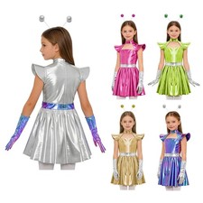 Girls Alien Costume Holographic Dress Sparkly Cosplay Costume Themed Party picture
