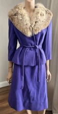 Vtg Zelinka Matlick Purple Wool Skirt Suit Set Stroock Fabric w/ Fur Collar picture
