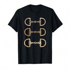 Gold Horse Bit Graphic T-Shirt Equestrian Checkered Leopard Print Black Tee picture