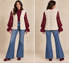 Handmade Crochet Vest Womens Ivory Cream Open Front Boho 70s Sweater Vest picture