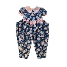 Vintage Evy Girls Floral Jumpsuit Size 2T Navy Pink Peter Pan Collar Bows USA picture