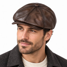 Men Vintage Real Leather Hats Newsboy Cap Ivy Flat Hat picture