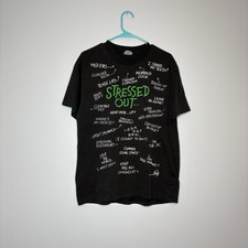 Vintage Stressed Out All Over Puffy Print T Shirt Black Faded Single Stitch Sz L picture
