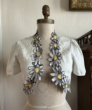 Vintage 1930s Daisy Floral Applique Bolero Jacket Short Puff Sleeve White Small picture