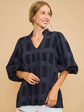 Umgee Navy Checkered Jacquard Blouse with 3/4 Puff Sleeves picture