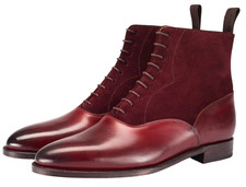 Handmade Burgundy Suede & Leather Ankle LaceUp Dress Office Formal Boots For Men picture