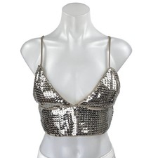 NBD Silver Beige Sequin Metallic Sleeveless Cami Camisole Tank Crop Top Size S picture