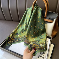 100% Silk Scarf Women Vintage Dark Green Flower Kerchief Headscarf Tied 68*68cm picture