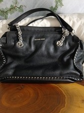 Michael Kohrs Astor Large Black Leather Satchel Purse Chain Handle Silver Studs picture