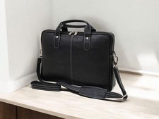 Men's Handmade Leather Laptop Case, Top Grain Black Office Briefcase picture