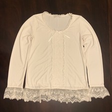 Pink House Japan White Long Sleeve Blouse Size M Ribbon Neck Floral Flared Cuffs picture