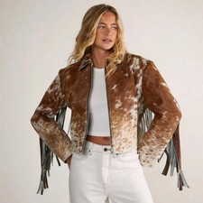 Women’s Leather Jacket – Genuine Cowhide Hair-On Fringe Western Rodeo Outfit picture