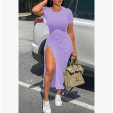 Lavender Purple Ruched Drawstring Slit T-Shirt Midi Dress Size M picture