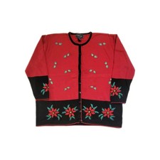 Womens Vintage Terazzo Christmas Sewn Beaded Poinsetta Cardigan Sweater 1X 16 picture
