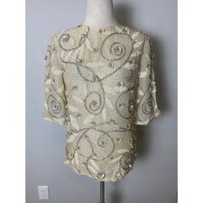 Vintage 50s 60s Sequin Embroidered Shirt Cream Iridescent Beaded Top Mid-Century picture