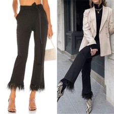 NWT NBD Shane High Rise Satin Wide Leg Feather Trim Trouser Pant Black Medium picture