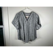 Pilcro Gray White Striped V Neck Short Sleeve Blouse Small picture